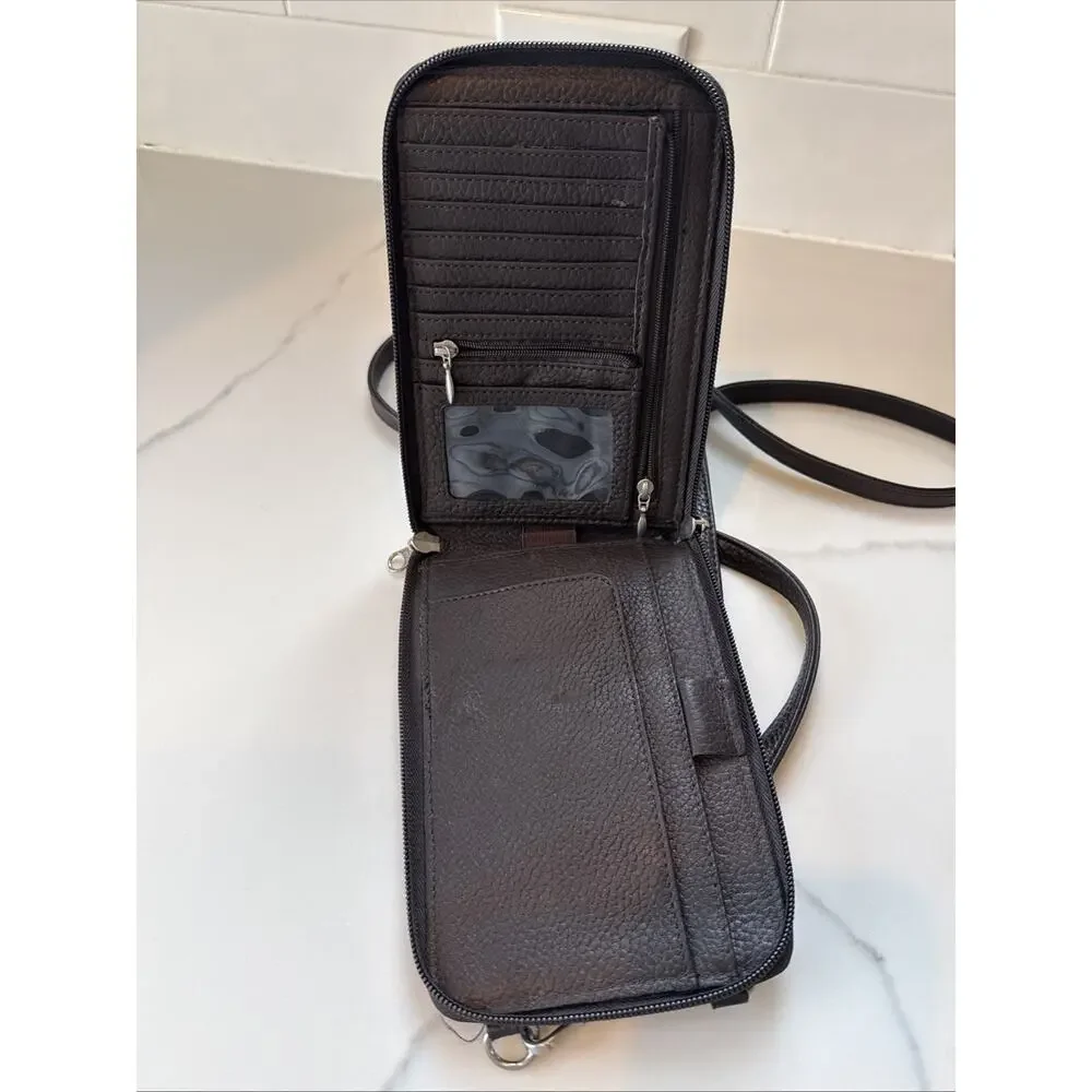 Eddie Bauer Pebbled Brown Leather Crossbody Wallet Bi-fold Passport Men Travel